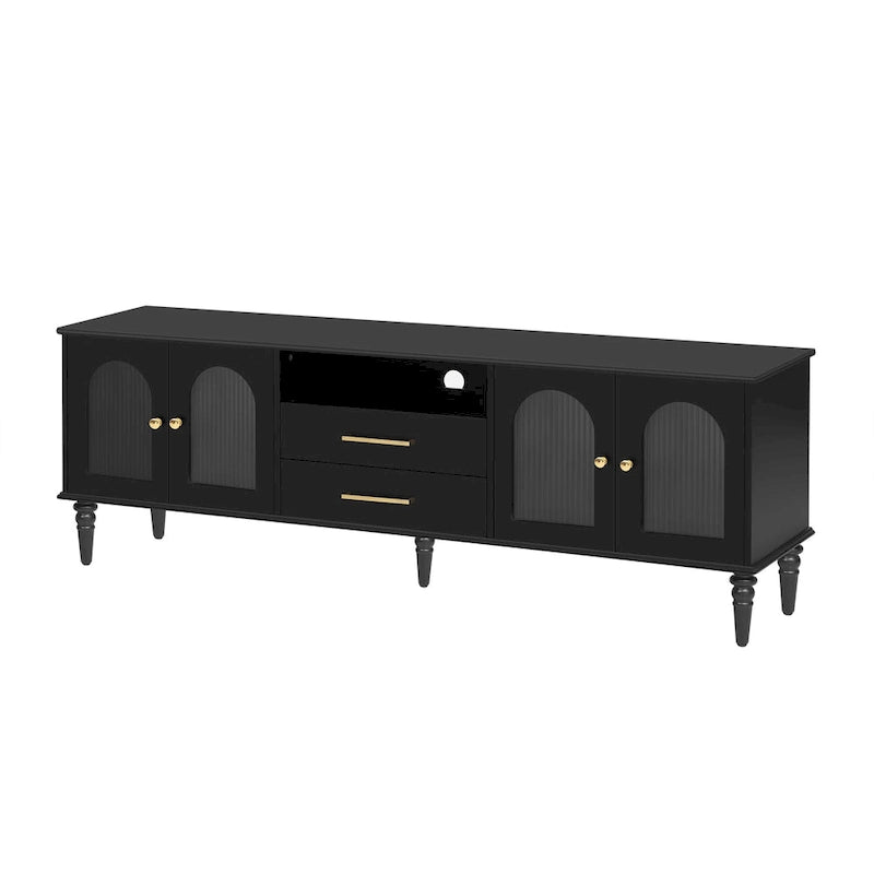 Meuble TV rétro de 68,9 po pour téléviseurs jusqu'à 75 po, console multimédia de centre de divertissement avec portes en verre cannelé pour salon