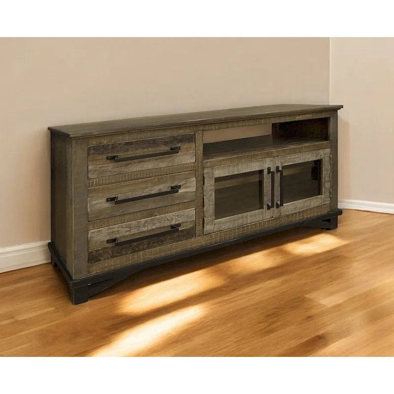 HomeRoots Meuble TV marron en bois massif avec rangement fermé vieilli 61,25" x 32" x 17,75"