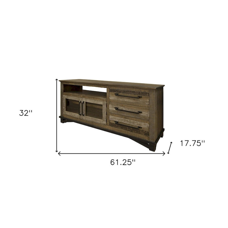 HomeRoots Meuble TV marron en bois massif avec rangement fermé vieilli 61,25" x 32" x 17,75"