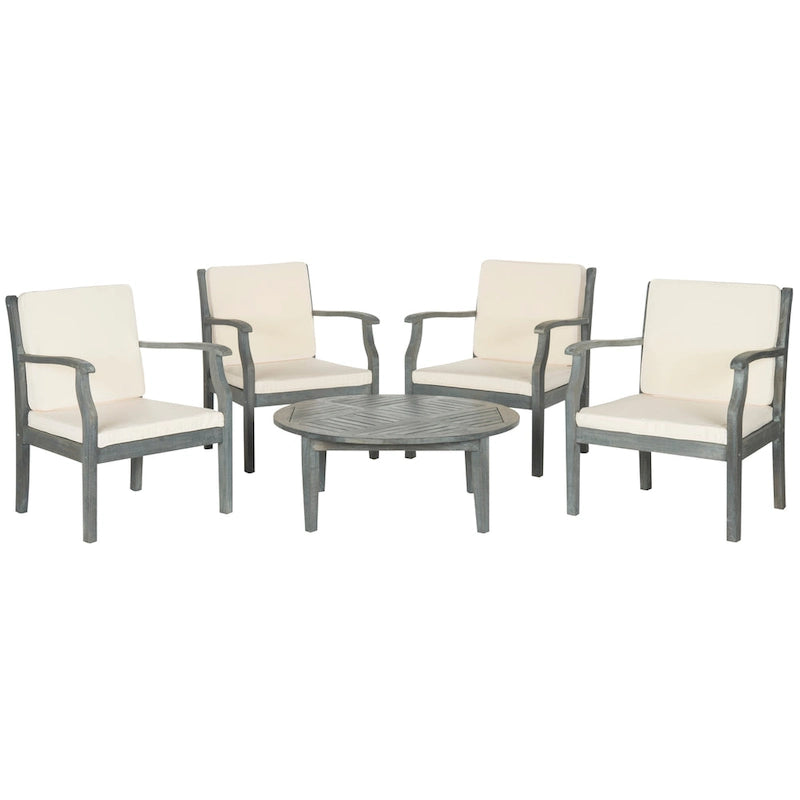 SAFAVIEH Outdoor Living Colfax Brown Acacia Wood 5-piece Beige Cushion Patio Set - Ash Grey/Beige - 35W x 35D x 14H