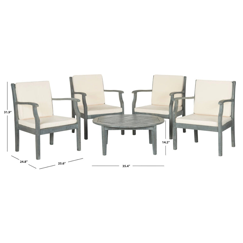 SAFAVIEH Outdoor Living Colfax Ensemble de patio 5 pièces en bois d'acacia marron avec coussins beiges - Gris cendré/Beige - 35L x 35P x 14H