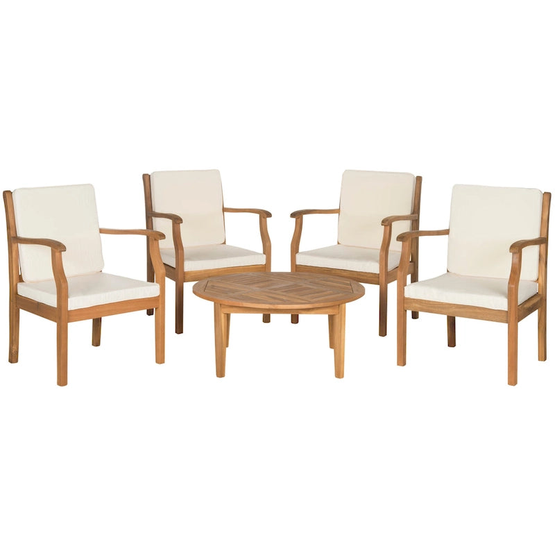 SAFAVIEH Outdoor Living Colfax Brown Acacia Wood 5-piece Beige Cushion Patio Set - Natural/Beige - 35W x 35D x 14H