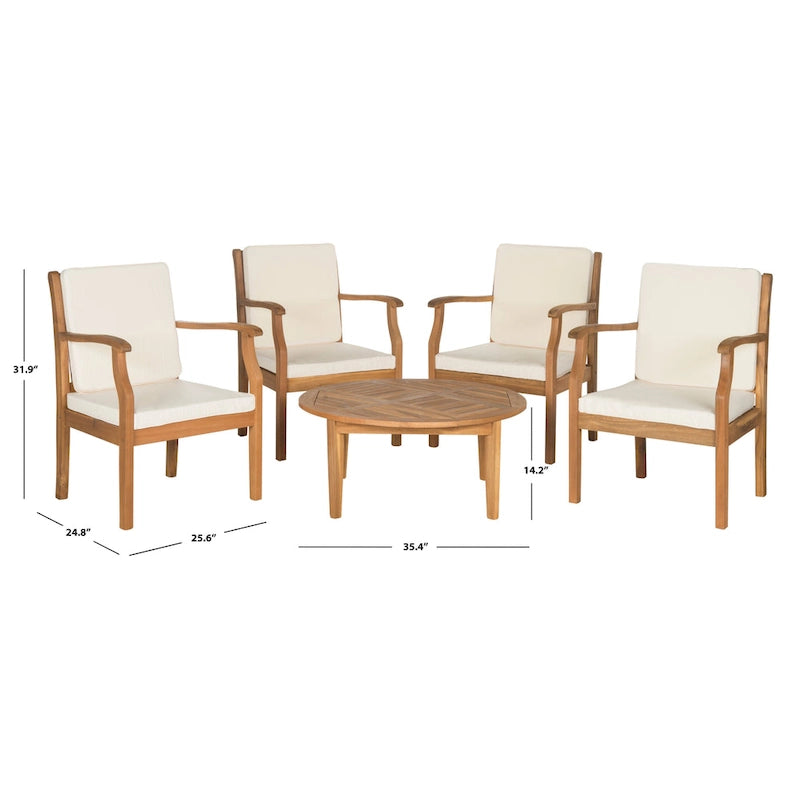 SAFAVIEH Outdoor Living Colfax Ensemble de patio 5 pièces en bois d'acacia marron avec coussins beiges - Naturel/beige - 35 L x 35 P x 14 H