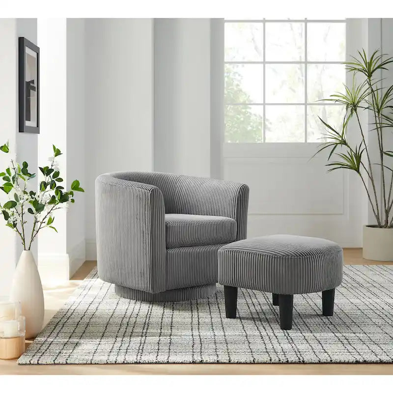 Fauteuil d'appoint pivotant à 360° en velours avec pouf et accoudoirs confortable