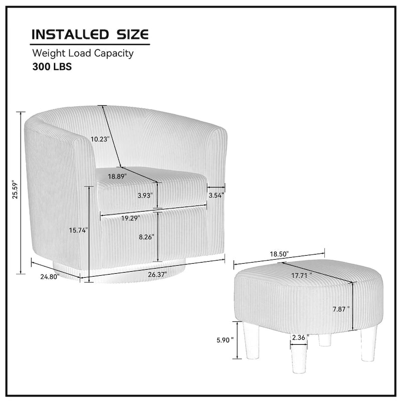 Fauteuil d'appoint pivotant à 360° en velours avec pouf et accoudoirs confortable