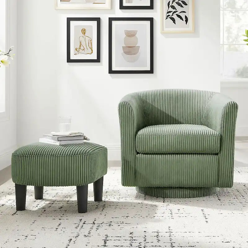 Fauteuil d'appoint pivotant à 360° en velours avec pouf et accoudoirs confortable