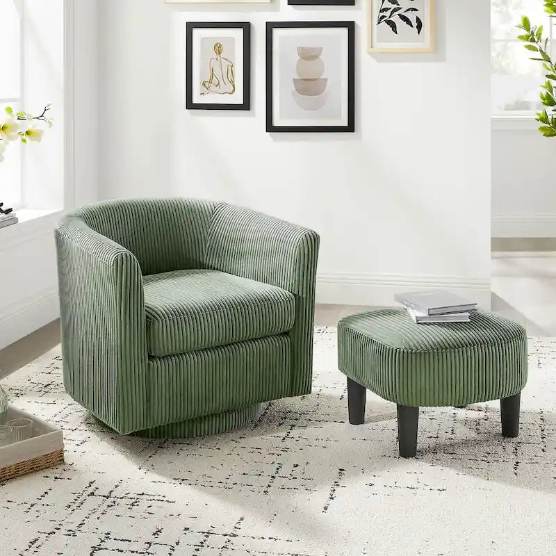Fauteuil d'appoint pivotant à 360° en velours avec pouf et accoudoirs confortable