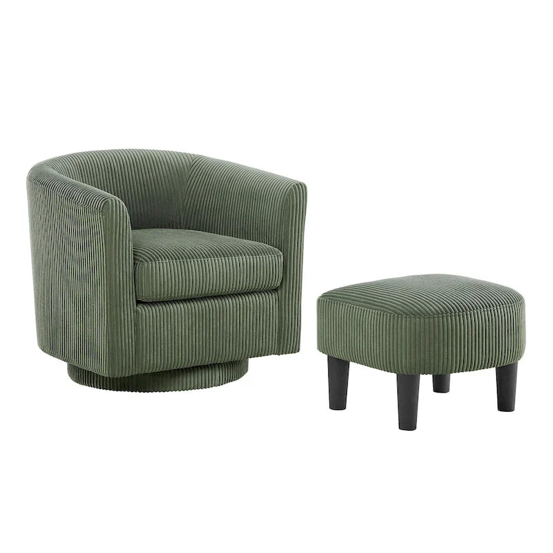 Fauteuil d'appoint pivotant à 360° en velours avec pouf et accoudoirs confortable