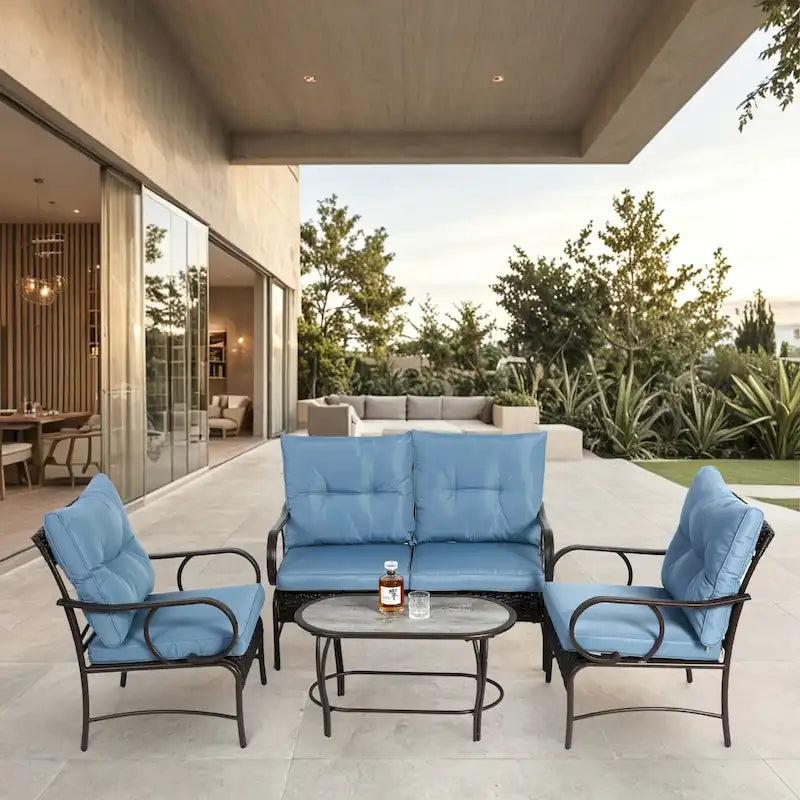Ensemble de 4 meubles de patio extérieurs, salon de conversation en osier pour porche et terrasse, canapé et fauteuil en rotin avec coussin