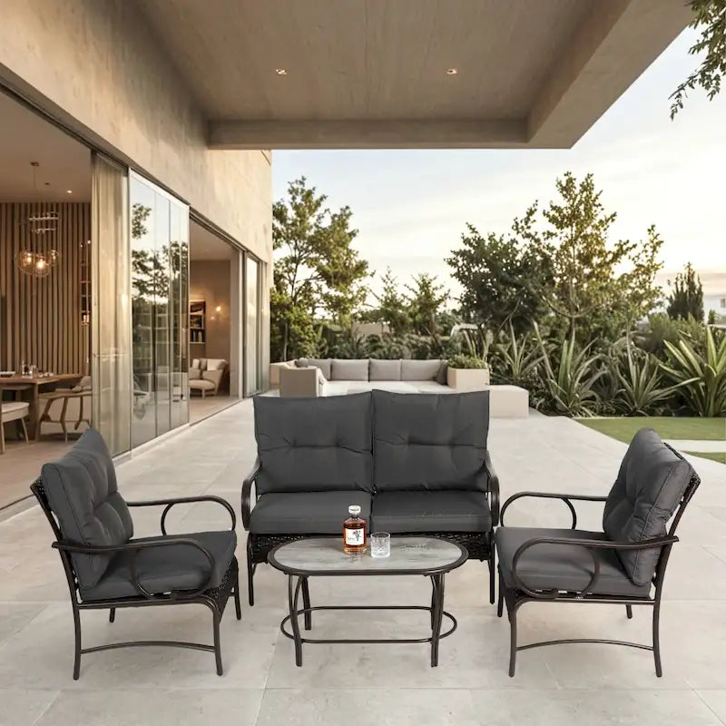 Ensemble de 4 meubles de patio extérieurs, salon de conversation en osier pour porche et terrasse, canapé et fauteuil en rotin avec coussin