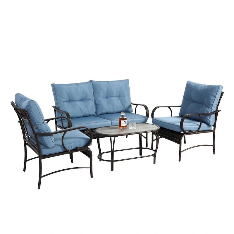 Ensemble de 4 meubles de patio extérieurs, salon de conversation en osier pour porche et terrasse, canapé et fauteuil en rotin avec coussin