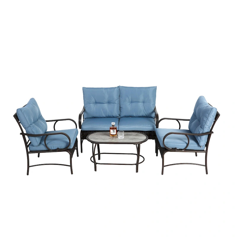 Ensemble de 4 meubles de patio extérieurs, salon de conversation en osier pour porche et terrasse, canapé et fauteuil en rotin avec coussin