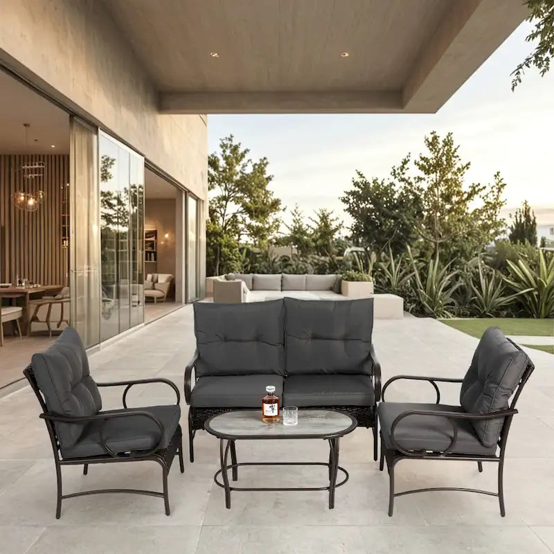 Ensemble de 4 meubles de patio extérieurs, salon de conversation en osier pour porche et terrasse, canapé et fauteuil en rotin avec coussin