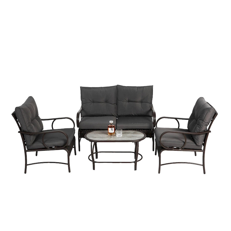 Ensemble de 4 meubles de patio extérieurs, salon de conversation en osier pour porche et terrasse, canapé et fauteuil en rotin avec coussin