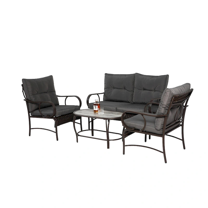 Ensemble de 4 meubles de patio extérieurs, salon de conversation en osier pour porche et terrasse, canapé et fauteuil en rotin avec coussin
