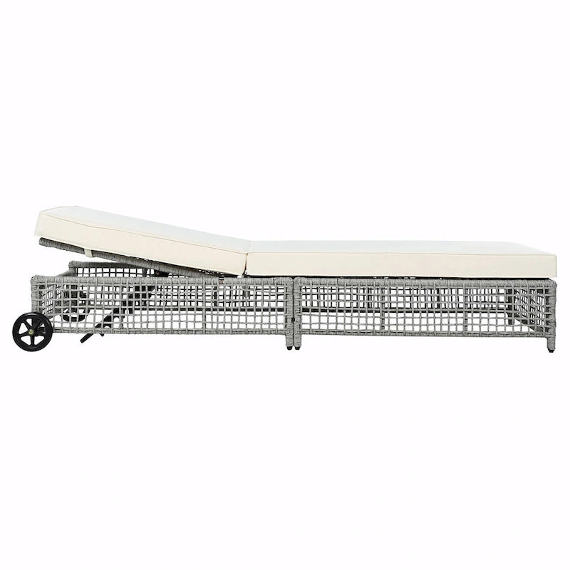 Chaise longue d'extérieur - Chaise longue de patio en rotin avec dossier inclinable sur 5 positions, coussin et roues