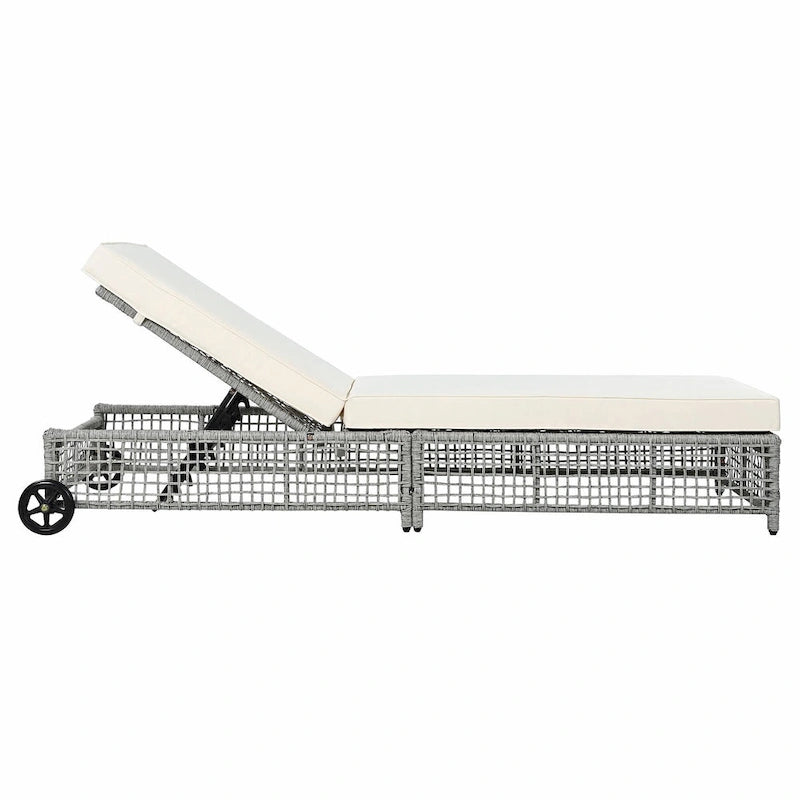 Chaise longue d'extérieur - Chaise longue de patio en rotin avec dossier inclinable sur 5 positions, coussin et roues