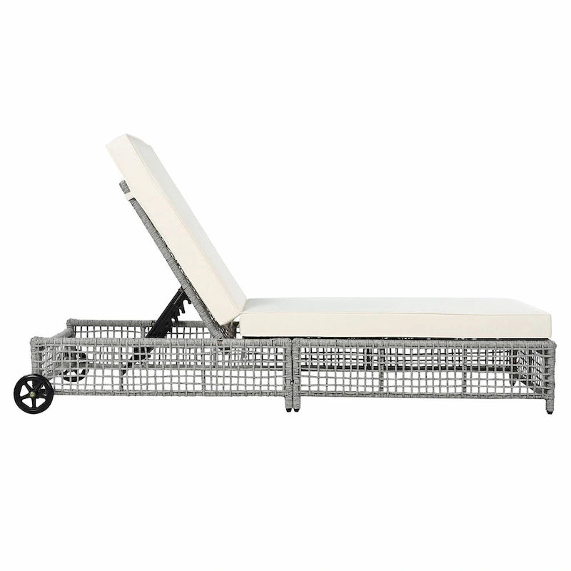 Chaise longue d'extérieur - Chaise longue de patio en rotin avec dossier inclinable sur 5 positions, coussin et roues