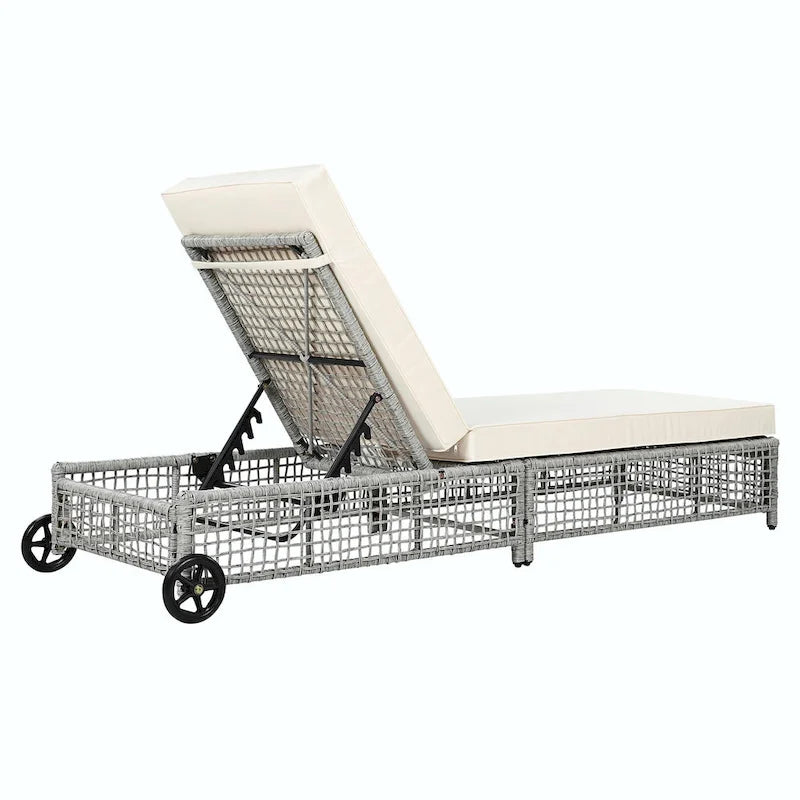 Chaise longue d'extérieur - Chaise longue de patio en rotin avec dossier inclinable sur 5 positions, coussin et roues