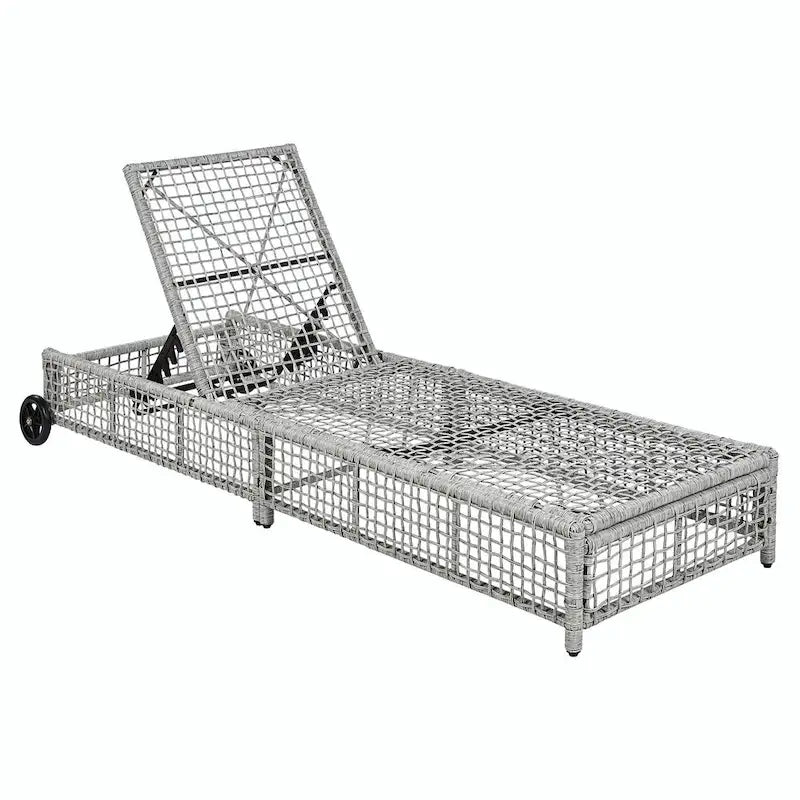 Chaise longue d'extérieur - Chaise longue de patio en rotin avec dossier inclinable sur 5 positions, coussin et roues