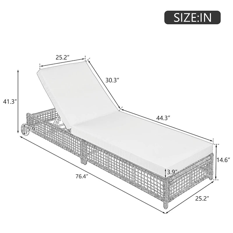 Chaise longue d'extérieur - Chaise longue de patio en rotin avec dossier inclinable sur 5 positions, coussin et roues