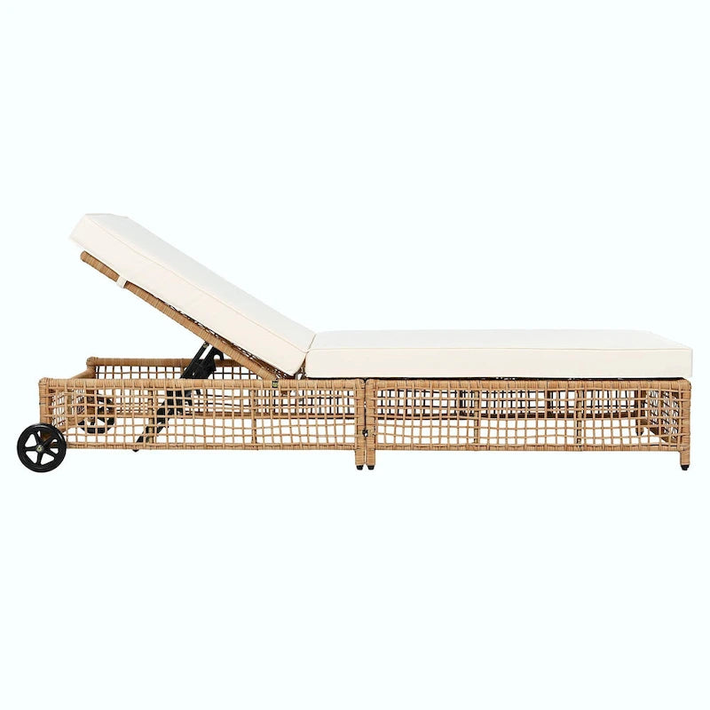 Chaise longue d'extérieur - Chaise longue de patio en rotin avec dossier inclinable sur 5 positions, coussin et roues