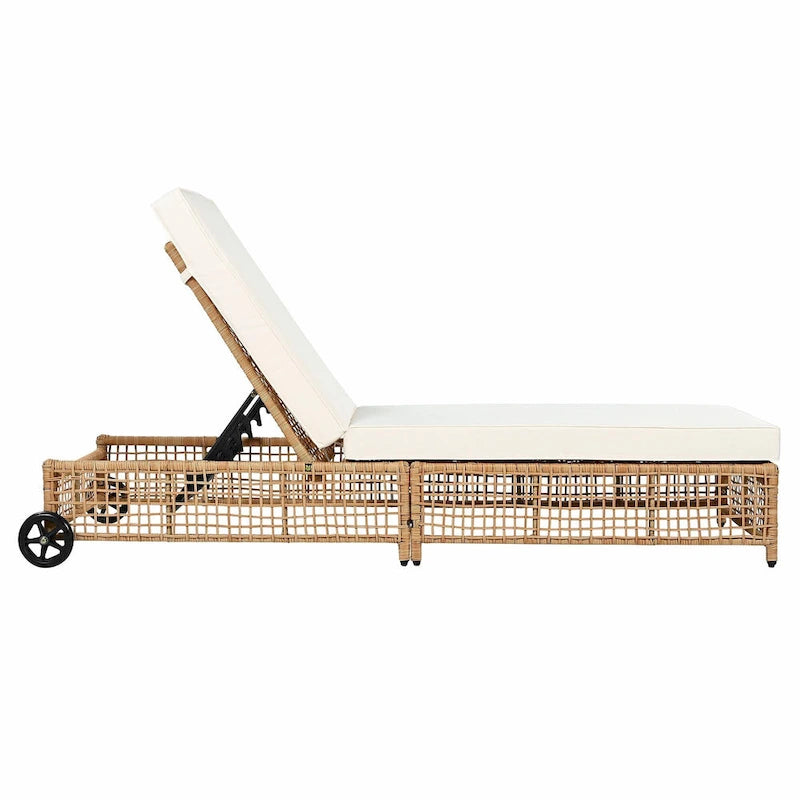 Chaise longue d'extérieur - Chaise longue de patio en rotin avec dossier inclinable sur 5 positions, coussin et roues