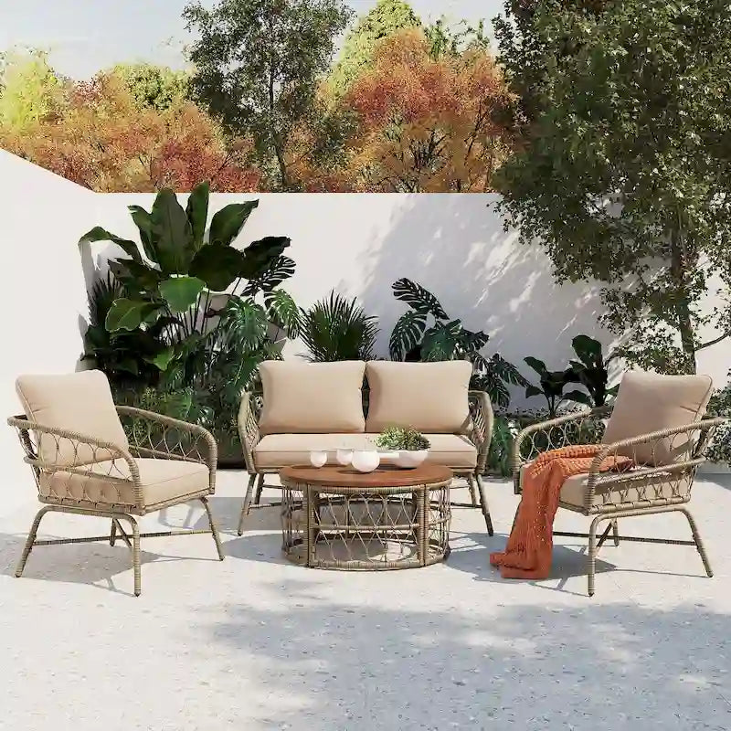 Salons de jardin d'extérieur Rowan avec coussins par GDFStudio