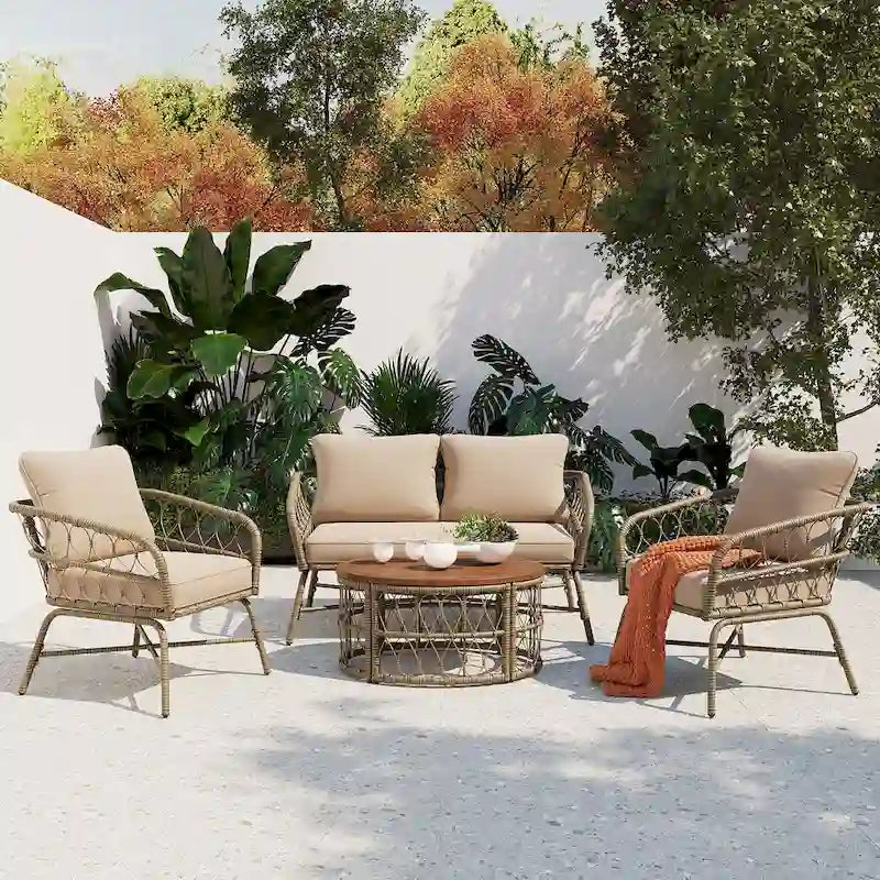 Rowan Outdoor Farmhouse Chat Sets with Cushion by GDFStudio