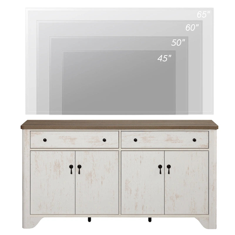 Meuble TV de ferme WAMPAT 59 po pour téléviseur de 65 po, centre de divertissement en bois avec 2 tiroirs et armoires de rangement, étagères réglables