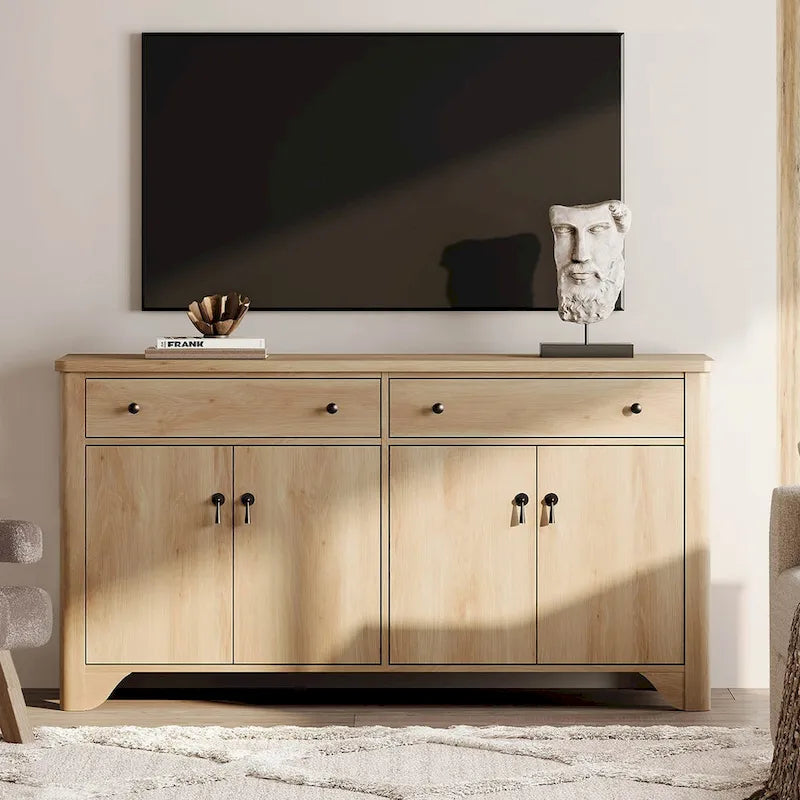 Meuble TV de ferme WAMPAT 59 po pour téléviseur de 65 po, centre de divertissement en bois avec 2 tiroirs et armoires de rangement, étagères réglables