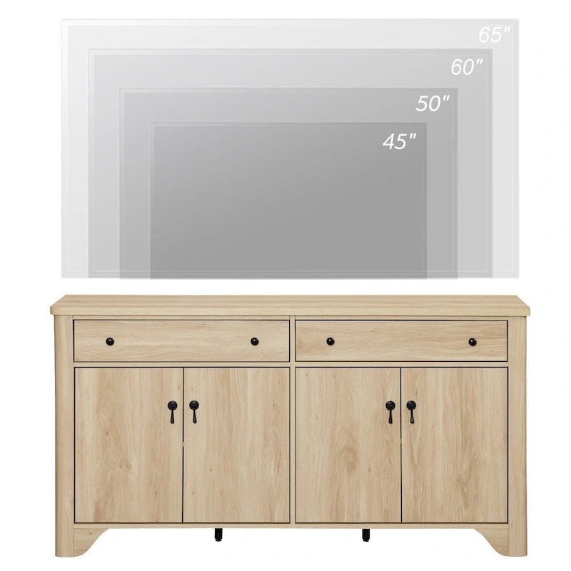 Meuble TV de ferme WAMPAT 59 po pour téléviseur de 65 po, centre de divertissement en bois avec 2 tiroirs et armoires de rangement, étagères réglables