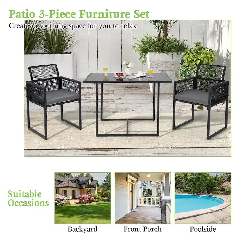 Costway Salon de Jardin 3 pièces en Rotin PE avec Chaises Coussinées - Voir Détails