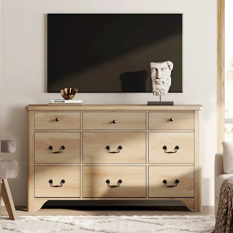 Meuble TV commode WAMPAT 53,5 po de large au style rustique blanc avec bords incurvés et grands tiroirs