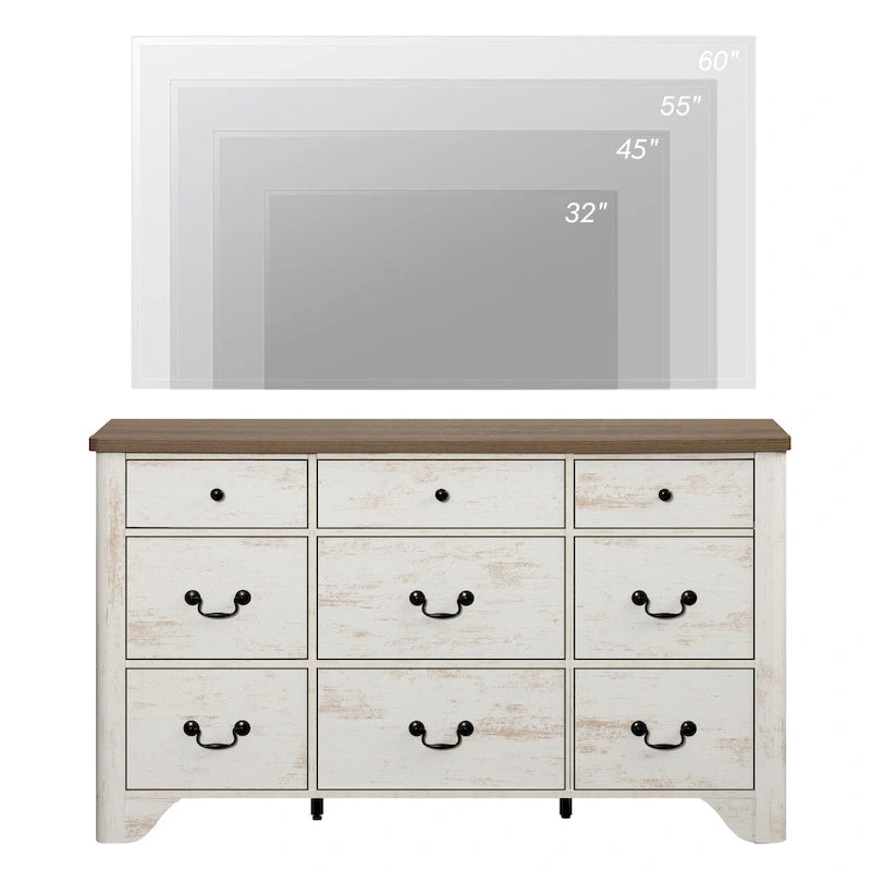 Meuble TV commode WAMPAT 53,5 po de large au style rustique blanc avec bords incurvés et grands tiroirs