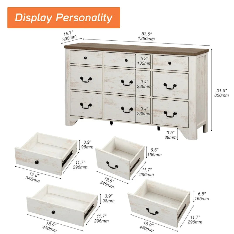 Meuble TV commode WAMPAT 53,5 po de large au style rustique blanc avec bords incurvés et grands tiroirs