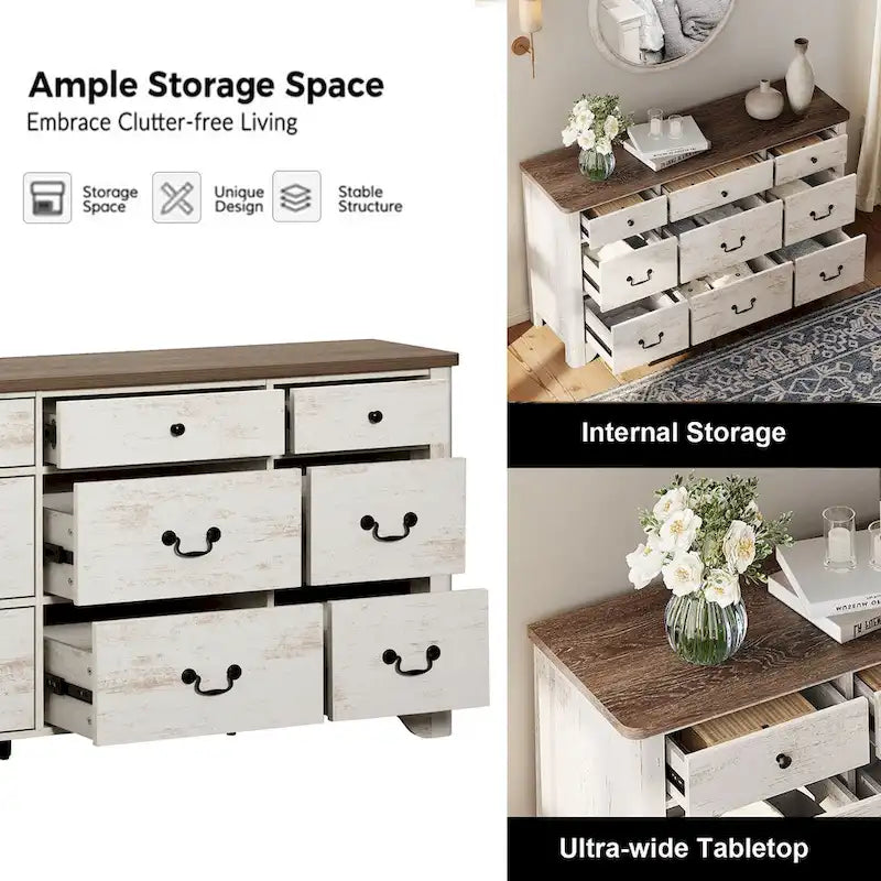 Meuble TV commode WAMPAT 53,5 po de large au style rustique blanc avec bords incurvés et grands tiroirs