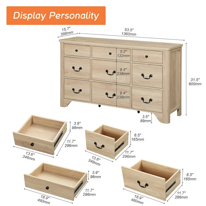 Meuble TV commode WAMPAT 53,5 po de large au style rustique blanc avec bords incurvés et grands tiroirs