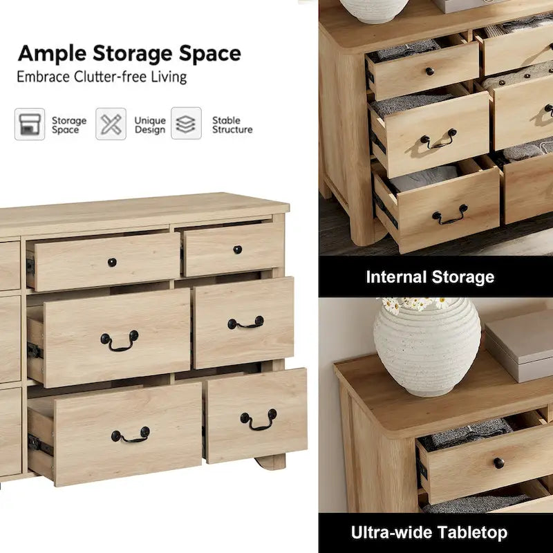 Meuble TV commode WAMPAT 53,5 po de large au style rustique blanc avec bords incurvés et grands tiroirs