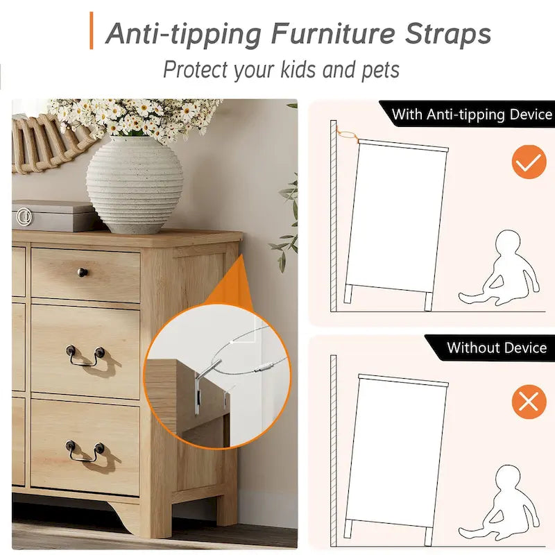 Meuble TV commode WAMPAT 53,5 po de large au style rustique blanc avec bords incurvés et grands tiroirs