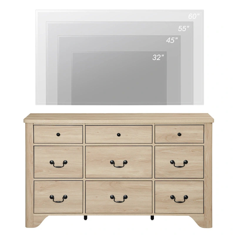 Meuble TV commode WAMPAT 53,5 po de large au style rustique blanc avec bords incurvés et grands tiroirs