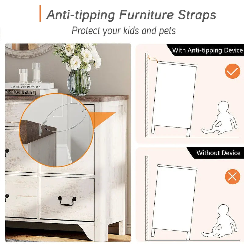 Meuble TV commode WAMPAT 53,5 po de large au style rustique blanc avec bords incurvés et grands tiroirs