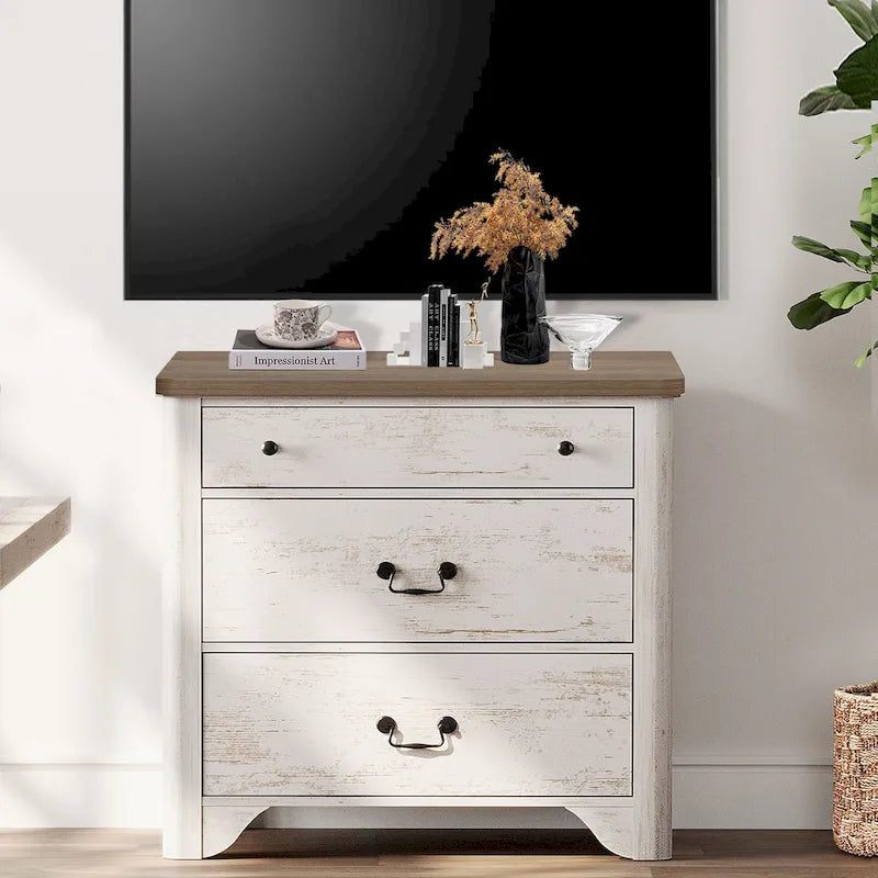 Meuble TV de ferme WAMPAT pour téléviseurs, centre de divertissement en bois avec 3 tiroirs, console TV avec grand rangement pour salon
