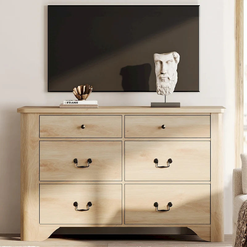 Meuble TV en bois de style rustique WAMPAT avec 6 tiroirs pour téléviseurs jusqu'à 55 pouces, meuble de rangement pour centre de divertissement