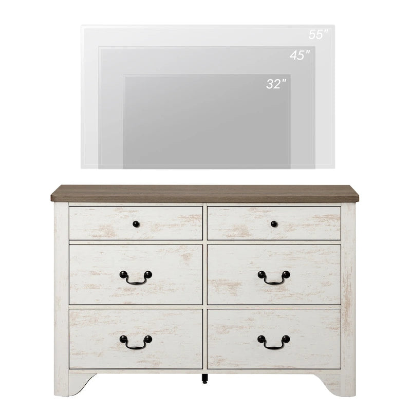 Meuble TV en bois de style rustique WAMPAT avec 6 tiroirs pour téléviseurs jusqu'à 55 pouces, meuble de rangement pour centre de divertissement