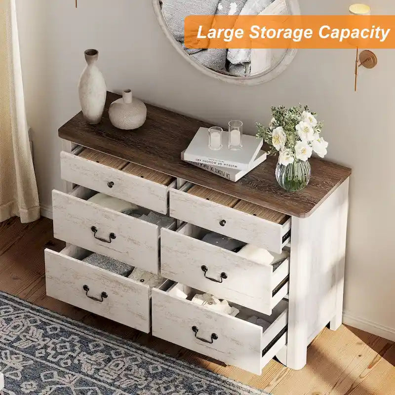 Meuble TV en bois de style rustique WAMPAT avec 6 tiroirs pour téléviseurs jusqu'à 55 pouces, meuble de rangement pour centre de divertissement