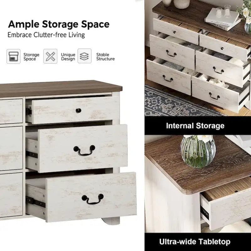 Meuble TV en bois de style rustique WAMPAT avec 6 tiroirs pour téléviseurs jusqu'à 55 pouces, meuble de rangement pour centre de divertissement