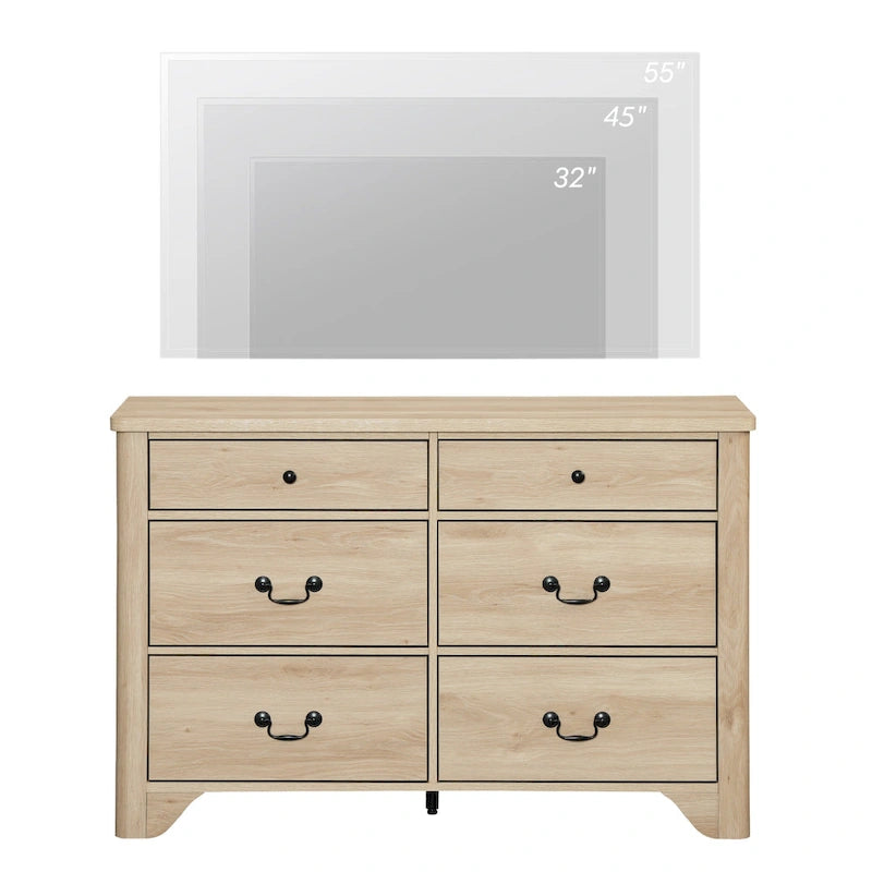 Meuble TV en bois de style rustique WAMPAT avec 6 tiroirs pour téléviseurs jusqu'à 55 pouces, meuble de rangement pour centre de divertissement
