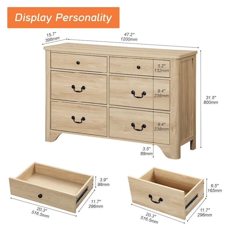 Meuble TV en bois de style rustique WAMPAT avec 6 tiroirs pour téléviseurs jusqu'à 55 pouces, meuble de rangement pour centre de divertissement