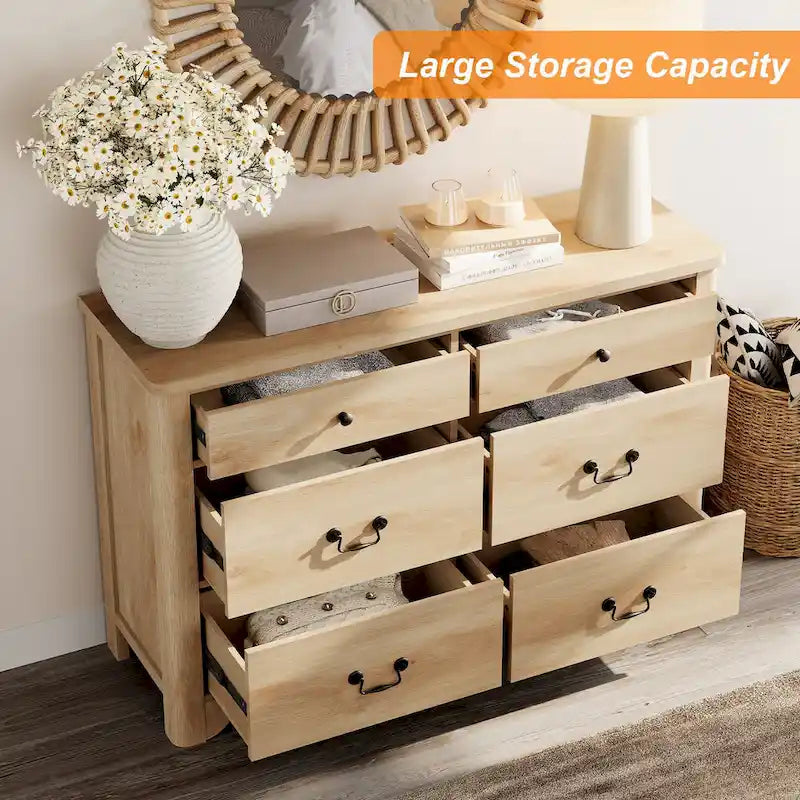 Meuble TV en bois de style rustique WAMPAT avec 6 tiroirs pour téléviseurs jusqu'à 55 pouces, meuble de rangement pour centre de divertissement